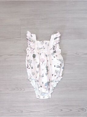 Elegant Baby Soft Pink Woodland Print Organic Muslin Bubble Romper